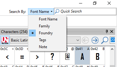 Here you can see how the selected search categorie seems to be &quot;Font Name&quot; but it actually is &quot;Foundry&quot;