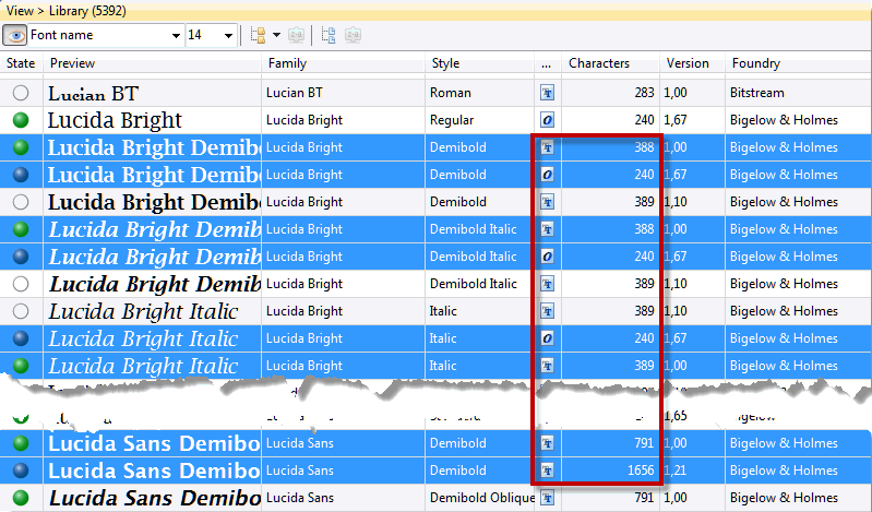 MainType 4: Four files that are &quot;installed and loaded&quot; (green symbol) and &quot;loaded through MainType and can be unloaded&quot; (blue symbol) at the same time in different font versions.