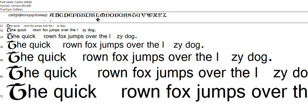 Screen dump of Fontview's display of Caxton Initials